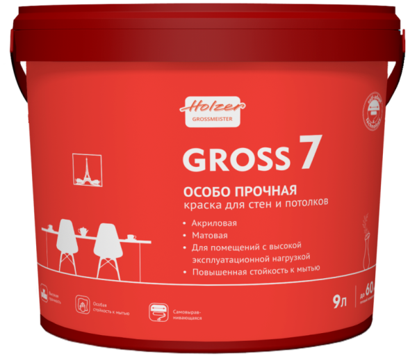 Holzer Gross 7 особо прочная матовая моющаяся краска для стен и потолков